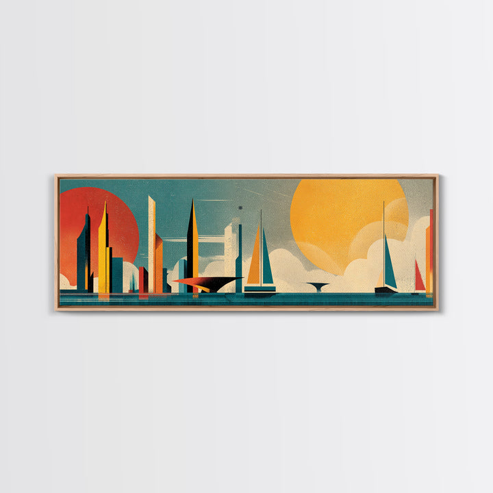 Futuristic Sailboat Skyline With Red And Yellow Suns Wall Art, Midcentury Modern Abstract Poster, Geometric Coastal Decor