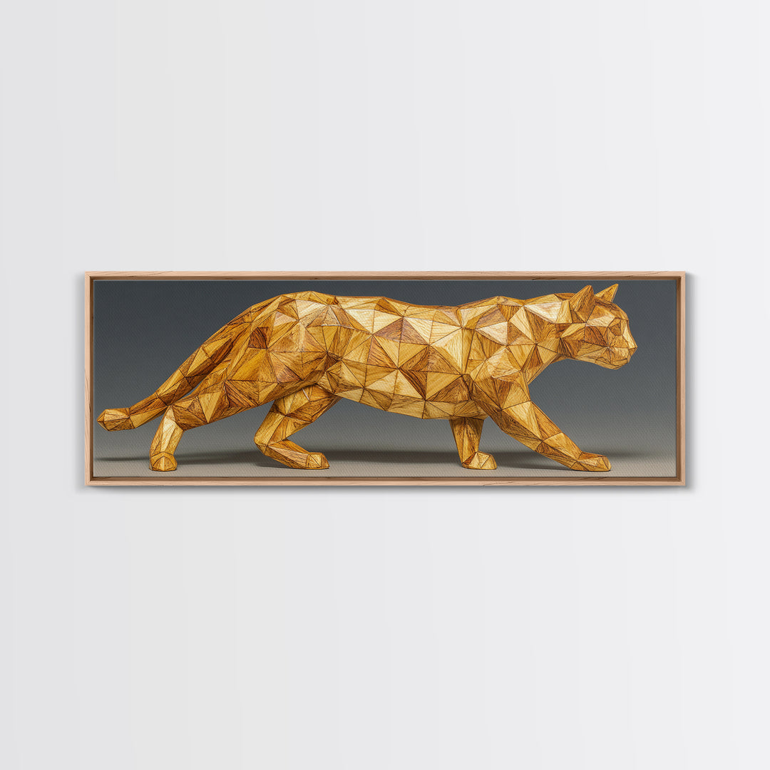 Golden Low Poly Panther Sculpture In Faceted Geometry, Framed Canvas Print, Modern Wall Art, Geometric Animal Decor Statement Poster