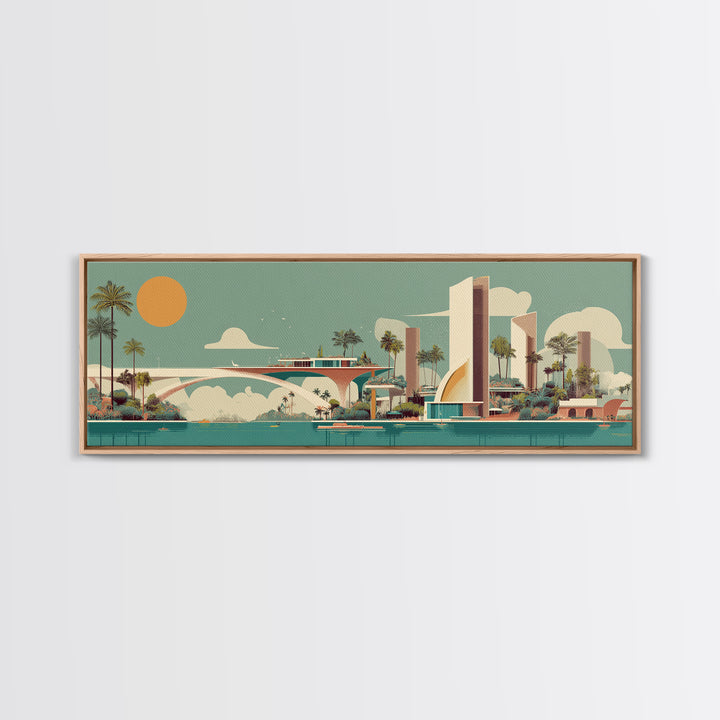 Retro Futurist Palm Springs Marina Wall Art, Mid Century Modern Canvas Print, Atomic Resort Decor, Orange Sun Large Poster
