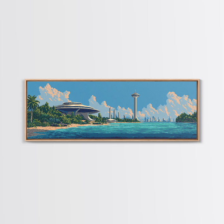 Retro Futuristic Seattle Skyline Large Canvas Print, Space Needle Wall Art, Midcentury Modern Decor, Sci Fi Travel Poster