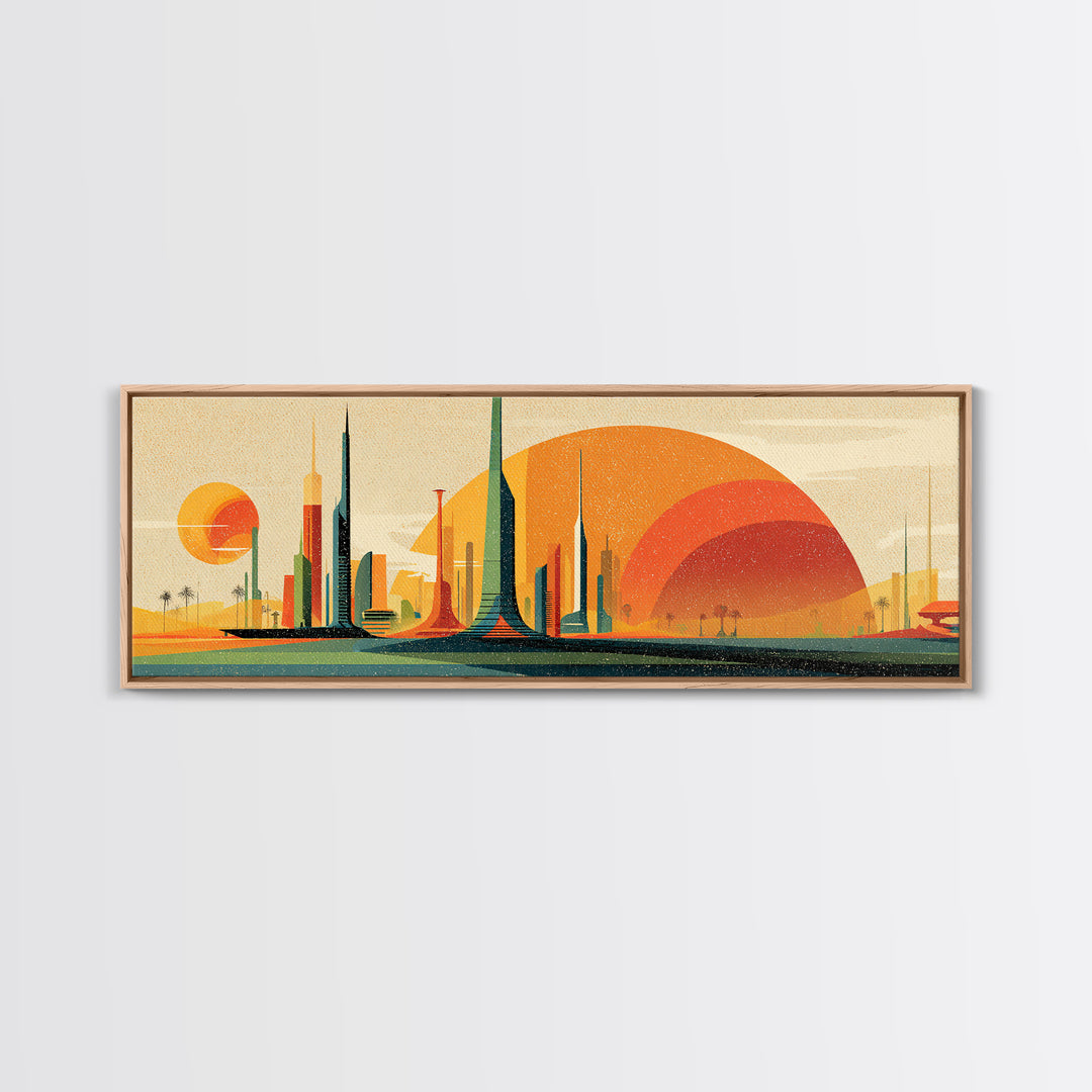 Futuristic Desert Skyline Canvas Print, Mid Century Modern Wall Art, Orange Sun Abstract Cityscape, Retro Sci Fi Poster Decor