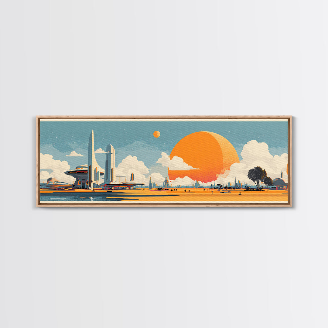 Retro Futuristic Expo Skyline Wall Art, Midcentury Modern Canvas Print, Orange Sun Space Age Architecture Large Poster Decor