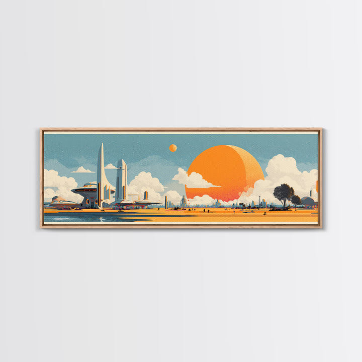 Retro Futuristic Expo Skyline Wall Art, Midcentury Modern Canvas Print, Orange Sun Space Age Architecture Large Poster Decor