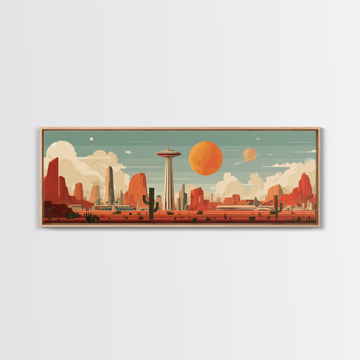 Retro Space Needle Desert Wall Art, Midcentury Modern Canvas Print, Orange Planet Cityscape, Southwestern Sci Fi Poster Decor