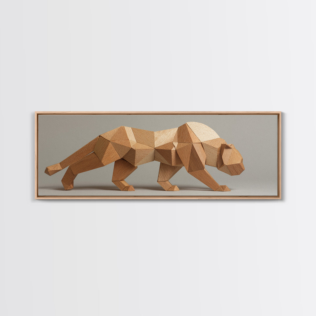 Neutral Low Poly Big Cat Sculpture With Faceted Forms, Canvas Print, Modern Geometric Wall Art, Minimalist Animal Decor Poster