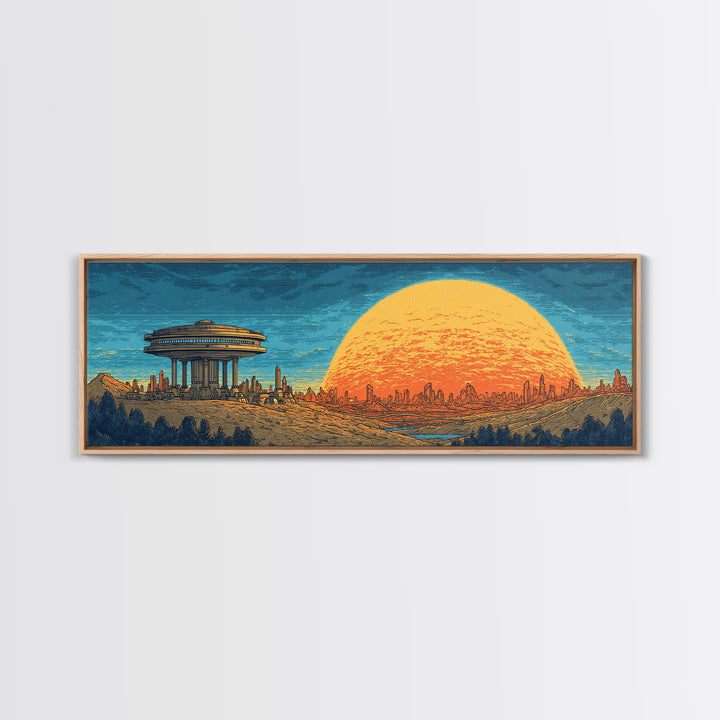 Alien Desert City Sunset Wall Art, Retro Futuristic Canvas Print, Mid Century Modern Sci Fi Landscape, Orange Sun Poster Decor