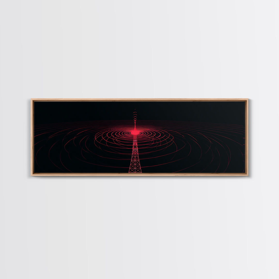 Red Radio Tower With Concentric Signal Rings Wall Art, Futuristic Retro Abstract Print, Modern Wall Decor, Large Sci Fi Retro Art
