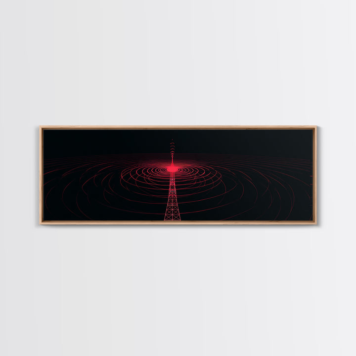 Red Radio Tower With Concentric Signal Rings Wall Art, Futuristic Retro Abstract Print, Modern Wall Decor, Large Sci Fi Retro Art