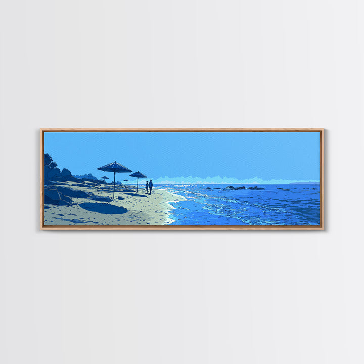 Blue Seaside Beach With Umbrellas Wall Art, Coastal Landscape Print, Modern Wall Decor, Beach House Decor, Travel Poster Art