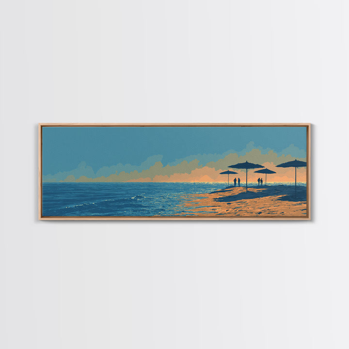 Orange Sunset Beach Umbrellas Framed Canvas Print, Coastal Wall Art, Modern Wall Decor, Tropical Landscape, Beach House Decor