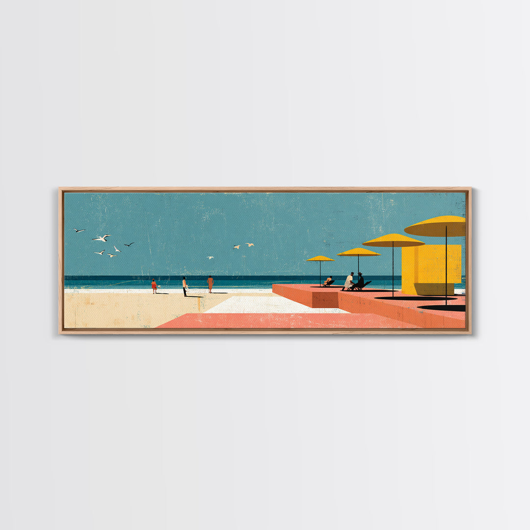 Yellow Umbrellas On Pink Seaside Terrace Canvas Print, Coastal Wall Art, Modern Wall Decor, Retro Travel Poster, Colorful Art