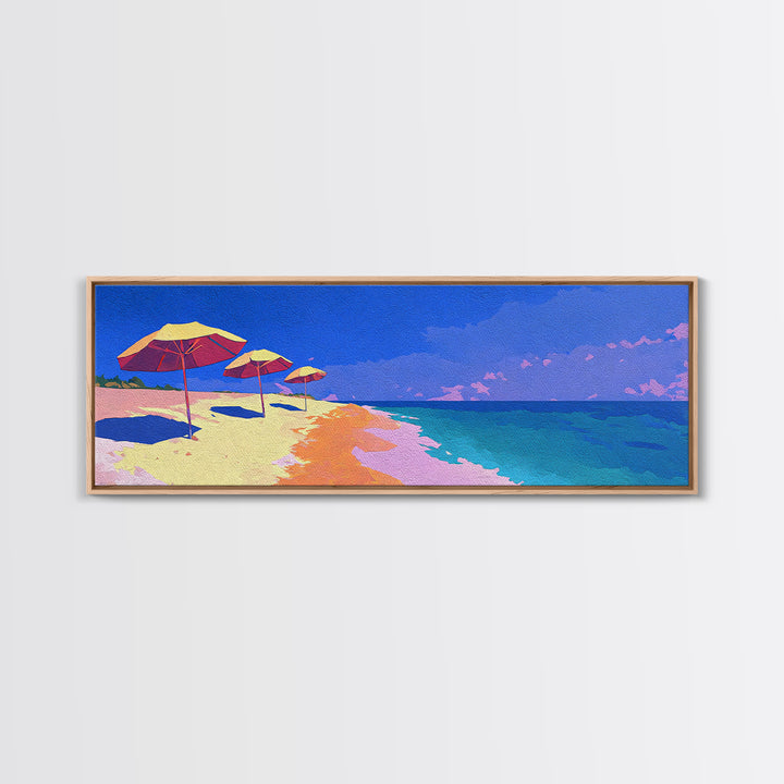 Vibrant Ocean Beach With Umbrellas Canvas Print, Coastal Wall Decor, Retro Travel Poster, Modern Art Print For Summer Home