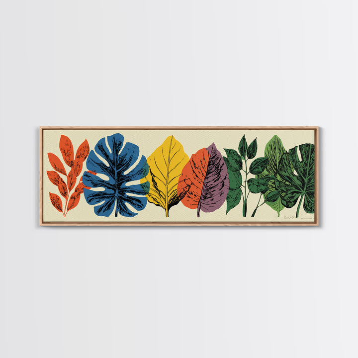 Colorful Tropical Leaf Row Framed Canvas Print, Midcentury Modern Botanical Wall Art, Retro Home Decor, Bold Nature Poster