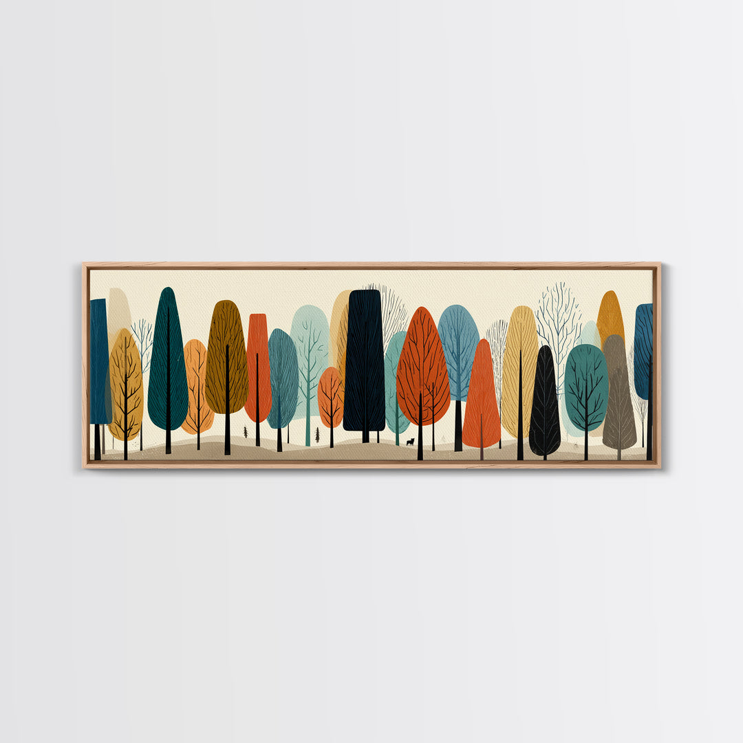 Stylized Autumn Trees In Earth Tones Canvas Print, Midcentury Modern Landscape Wall Art, Retro Forest Decor, Nordic Poster