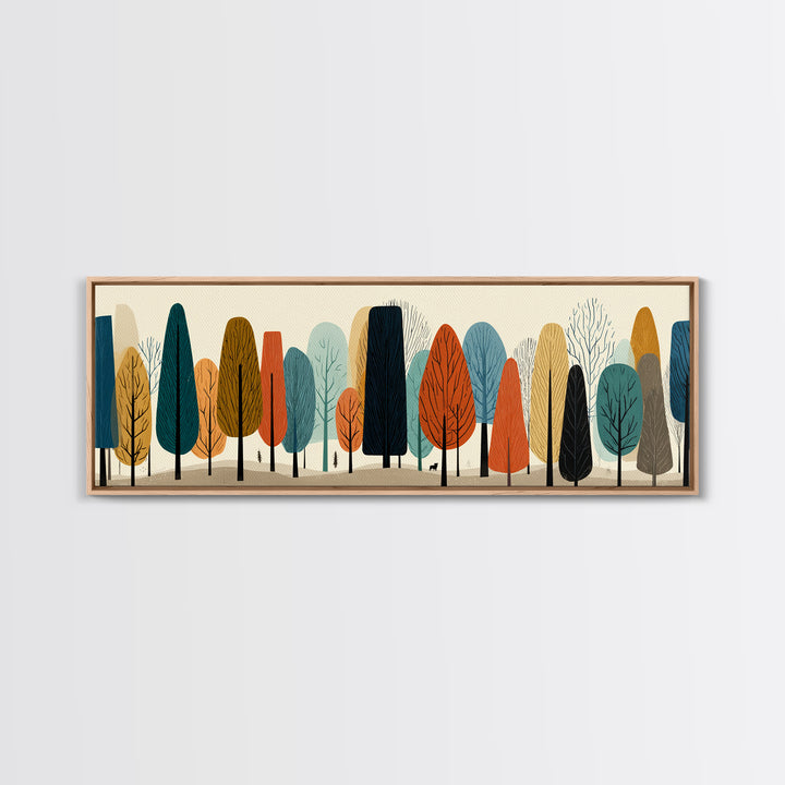 Stylized Autumn Trees In Earth Tones Canvas Print, Midcentury Modern Landscape Wall Art, Retro Forest Decor, Nordic Poster