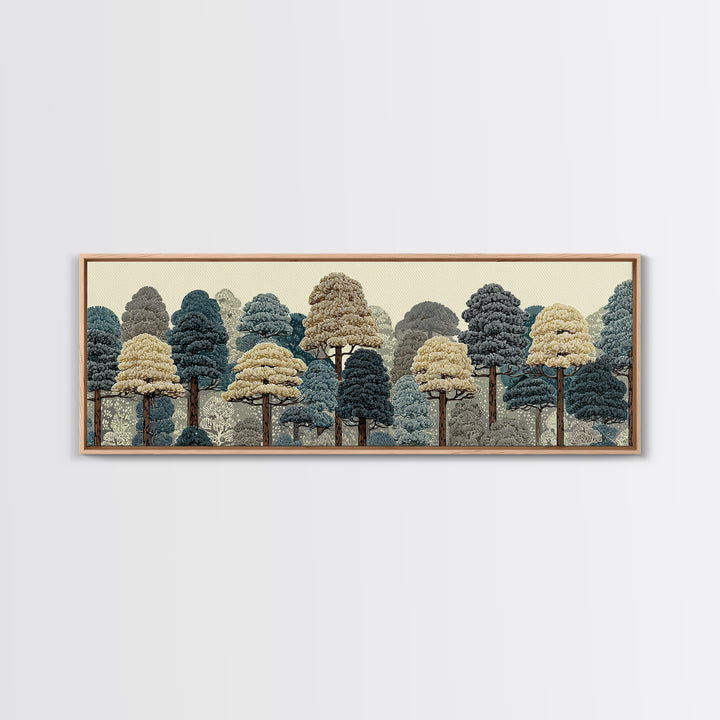 Layered Woodland Trees In Blue And Cream Wall Art, Scenic Nature Print, Midcentury Modern Decor, Large Rustic Forest Poster