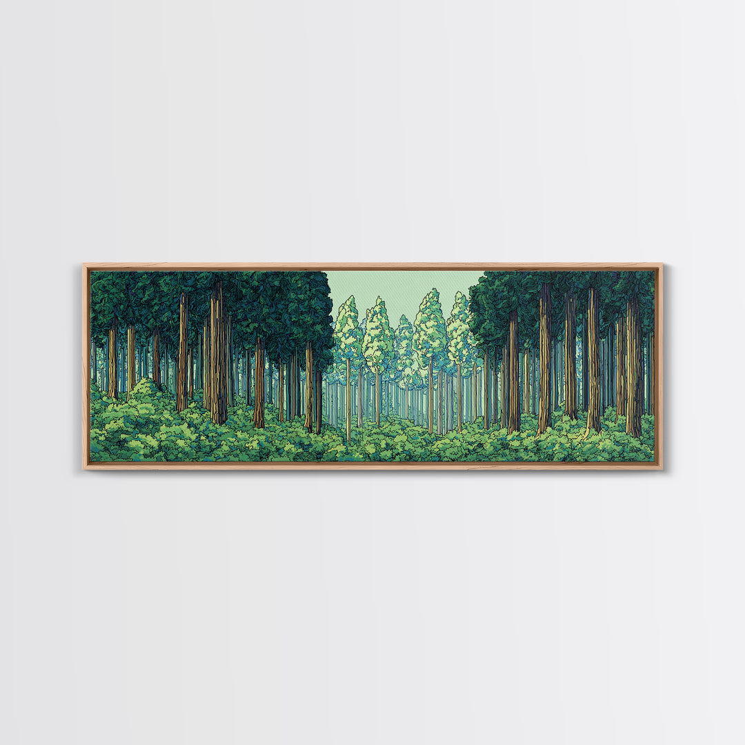 Emerald Forest Path With Tall Pines Framed Canvas Print, Nature Wall Art, Modern Home Decor, Green Scenic Woodland Poster