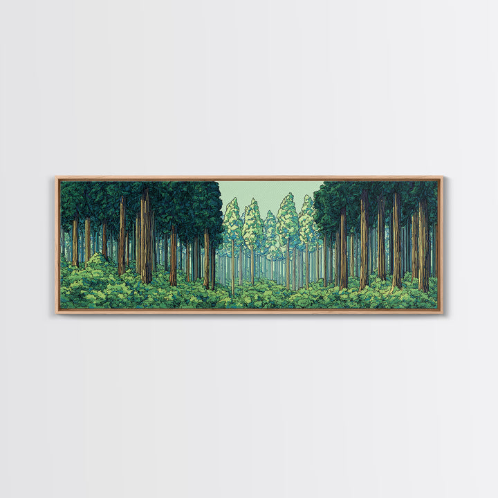 Emerald Forest Path With Tall Pines Framed Canvas Print, Nature Wall Art, Modern Home Decor, Green Scenic Woodland Poster