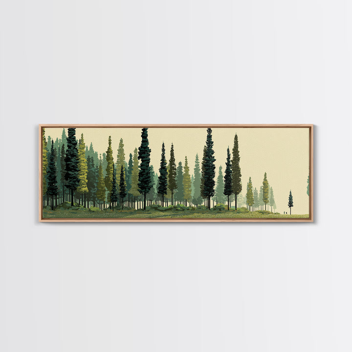 Misty Evergreen Forest Panorama Wall Art, Midcentury Modern Landscape Print, Nature Wall Decor, Large Canvas Cabin Artwork