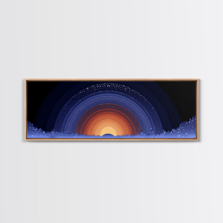 Starry Cosmic Sunrise Arc Wall Art, Midcentury Modern Space Abstract Print, Orange Blue Galaxy Decor, Retro Canvas Poster
