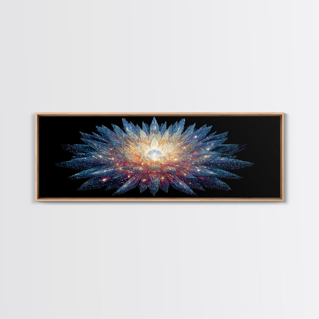 Glowing Cosmic Crystal Bloom Wall Art, Modern Abstract Art Print, Space Abstract Art, Blue Black Living Room Wall Decor Prints