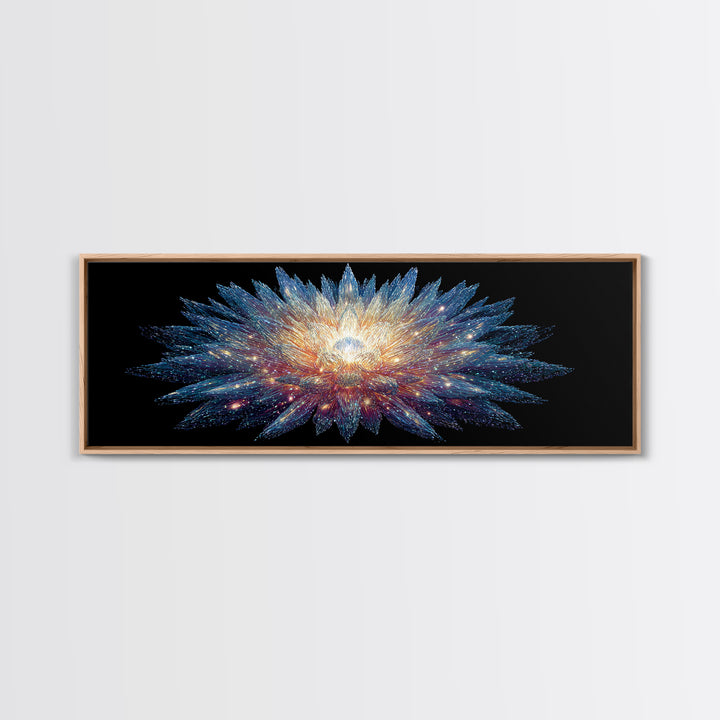 Glowing Cosmic Crystal Bloom Wall Art, Modern Abstract Art Print, Space Abstract Art, Blue Black Living Room Wall Decor Prints