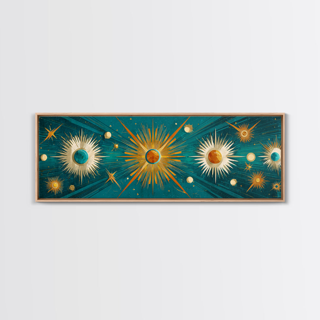 Teal Gold Celestial Sunburst Planets Wall Art, Modern Abstract Art Print, Art Deco Poster, Geometric Wall Decor, MCM Home Decor