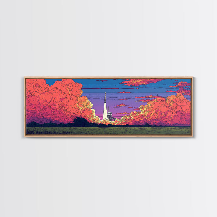 Pink Cloud Rocket Launch At Sunset Wall Art, Midcentury Modern Space Poster, Retro Sci Fi Landscape, Colorful MCM Decor Print