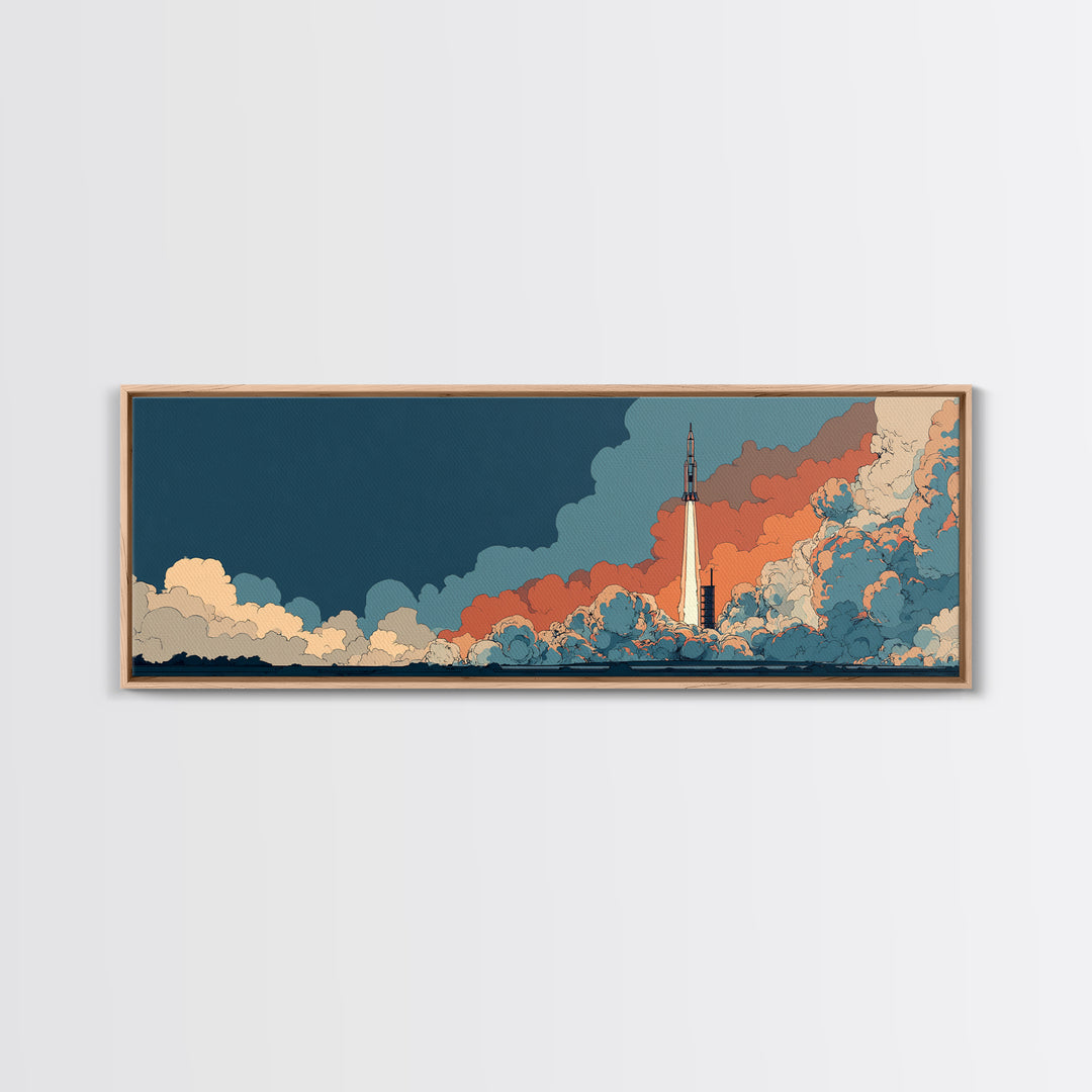 Teal Orange Rocket Rising Through Clouds Canvas Print, Midcentury Modern Space Poster, Atomic Sci Fi Decor, Retro Wall Art