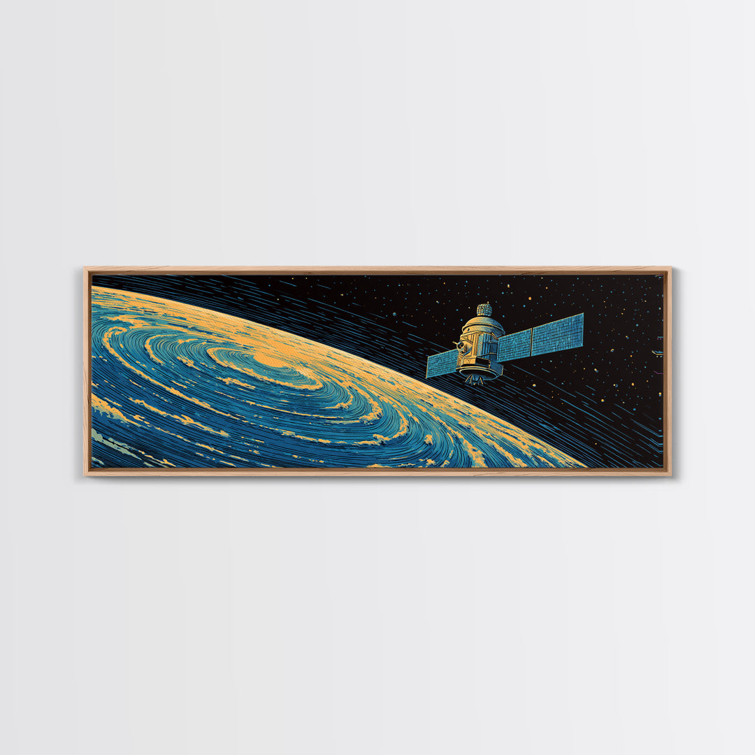 Orbiting Satellite Above Spiral Planet Canvas Print, Midcentury Modern Space Poster, Retro Sci Fi Wall Art, Atomic MCM Decor