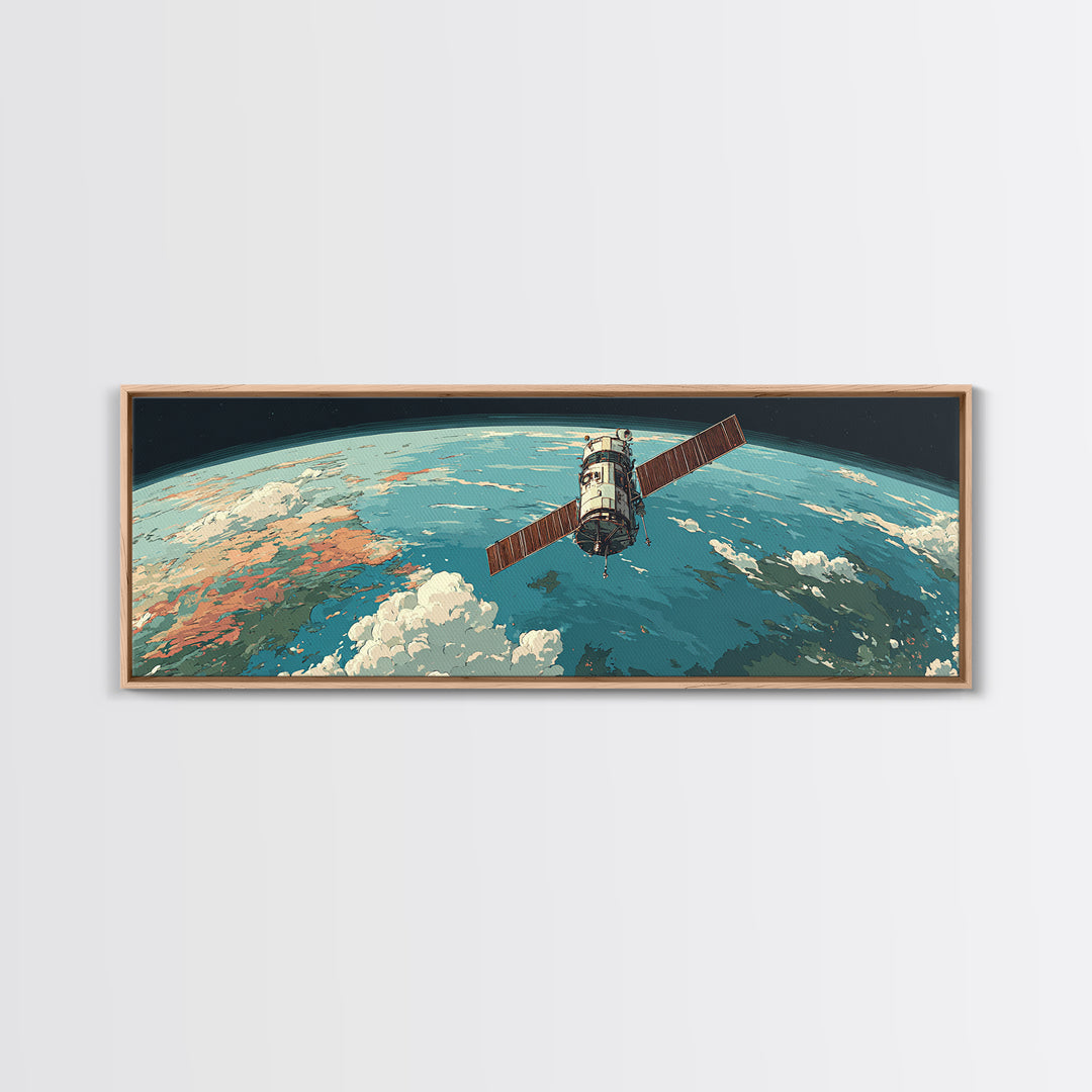 Satellite Orbiting Earth Horizon Framed Canvas Print, Midcentury Modern Space Poster, Retro Sci Fi Wall Art, MCM Decor Gift