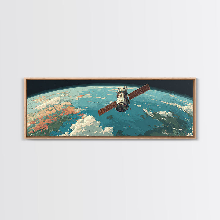 Satellite Orbiting Earth Horizon Framed Canvas Print, Midcentury Modern Space Poster, Retro Sci Fi Wall Art, MCM Decor Gift