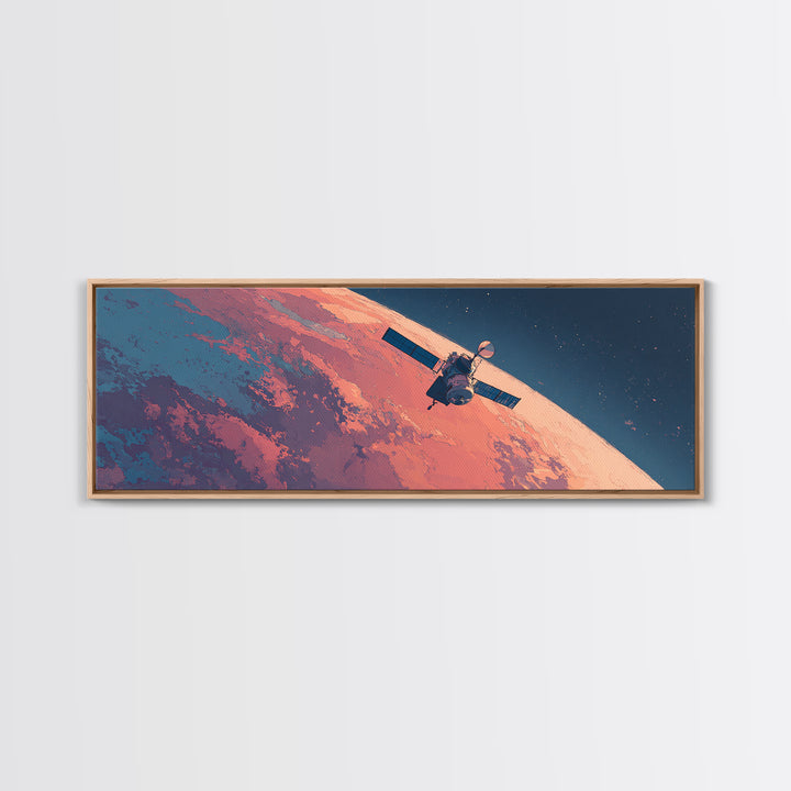 Peach Planet Orbit Satellite Canvas Print, Retro Sci Fi Space Wall Art, Midcentury Modern Poster, Office Decor Gift For Him