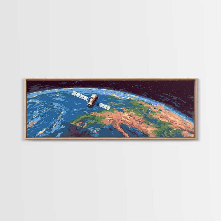Satellite Above Blue Green Earth Wall Art, Panoramic Retro Space Poster, Midcentury Modern Art Print, Home Office Decor Gift