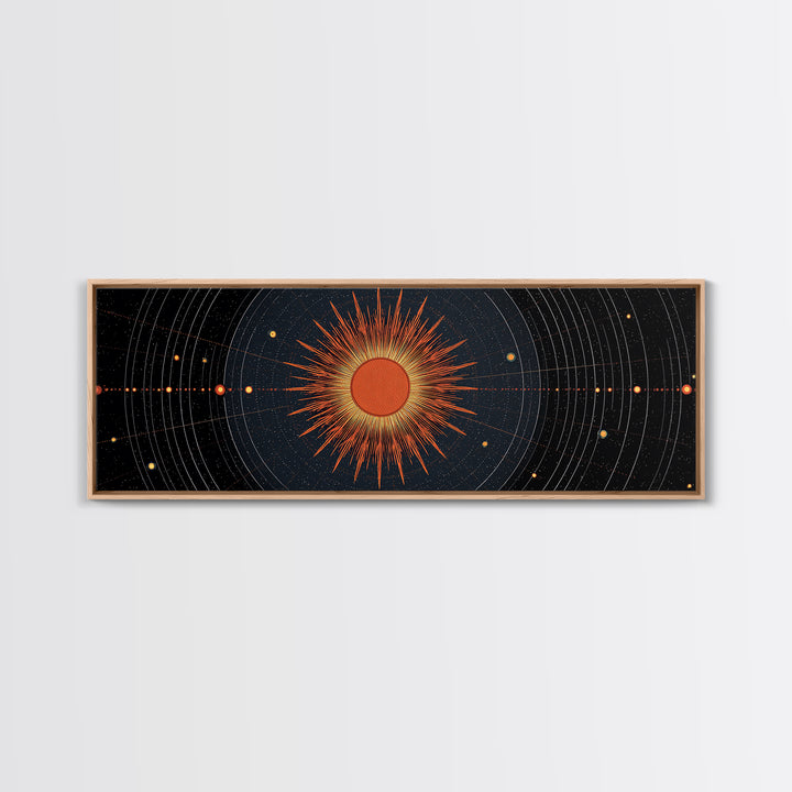 Celestial Orange Sun Orbit Diagram Wall Art, Atomic Midcentury Modern Art Poster, Geometric Space Print, Office Decor Gift