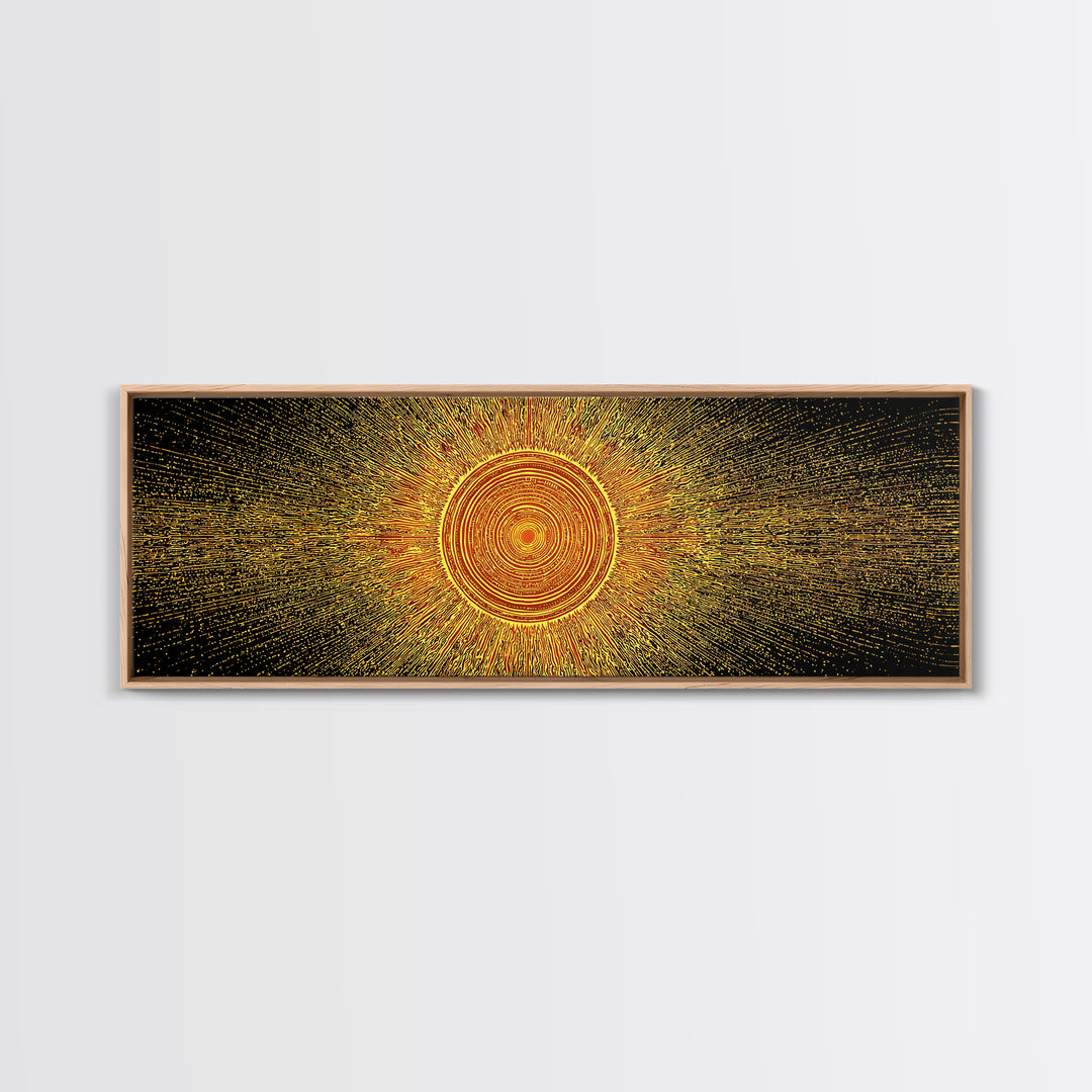 Golden Radiant Mandala Sun Canvas Print, Abstract Space Wall Art, Midcentury Modern Decor, Spiritual Geometric Poster Gift