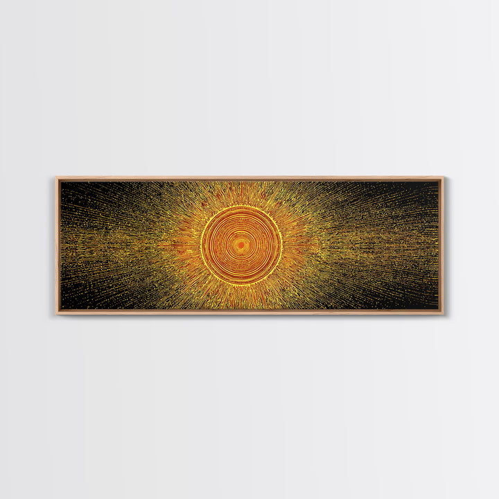 Golden Radiant Mandala Sun Canvas Print, Abstract Space Wall Art, Midcentury Modern Decor, Spiritual Geometric Poster Gift