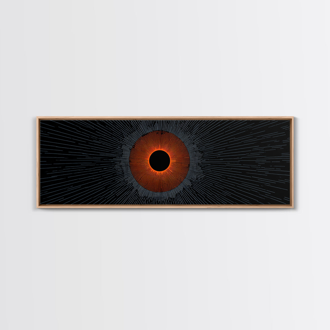 Orange Eclipse With Blue Radial Lines Wall Art, Abstract Sci Fi Space Poster, Midcentury Modern Decor, Geometric Print Gift