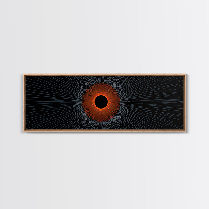 Orange Eclipse With Blue Radial Lines Wall Art, Abstract Sci Fi Space Poster, Midcentury Modern Decor, Geometric Print Gift