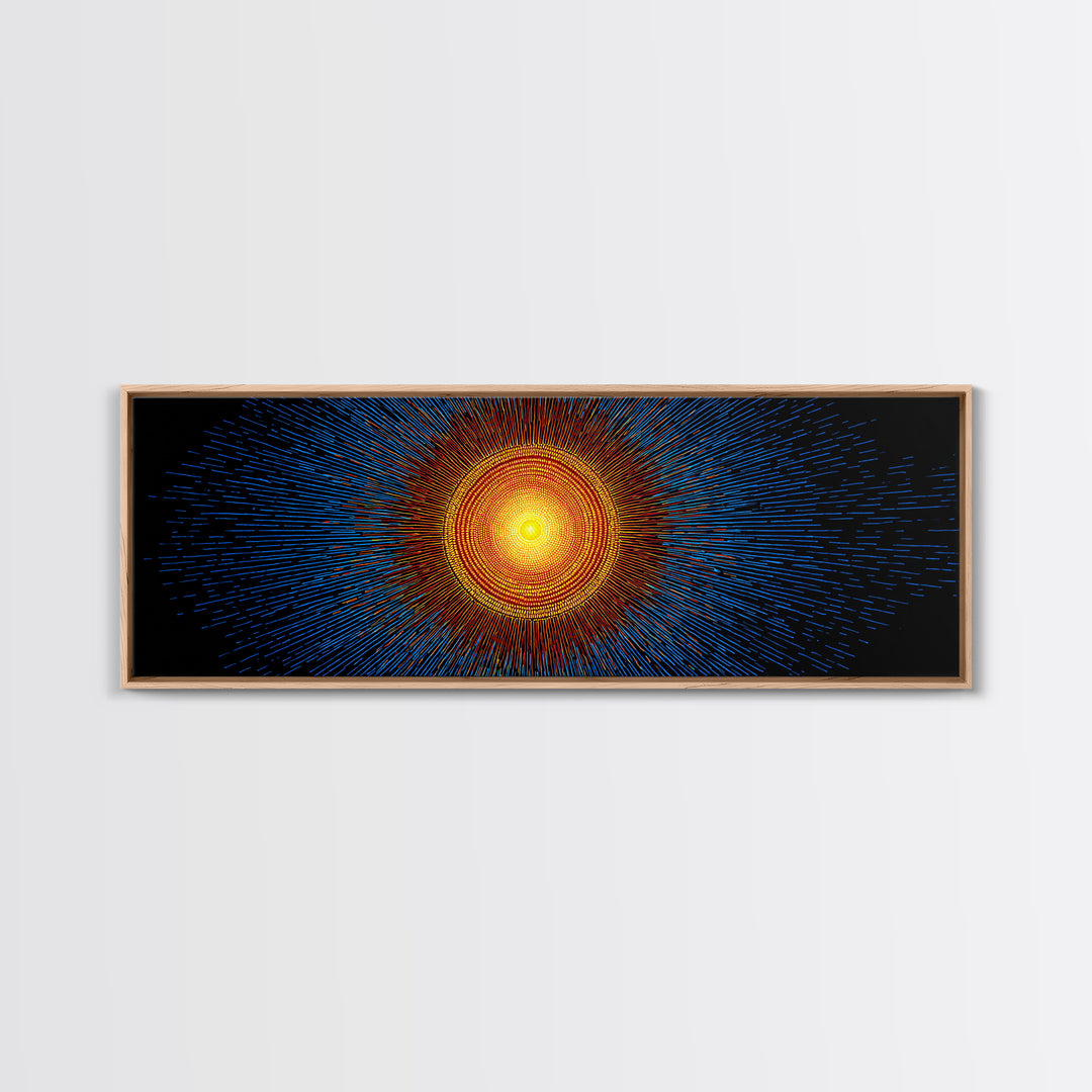 Blue And Orange Radiant Solar Burst Canvas Print, Abstract Space Wall Art, Midcentury Modern Poster, Bold Geometric Decor