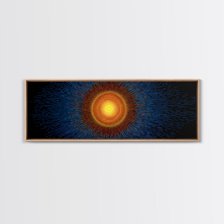 Blue And Orange Radiant Solar Burst Canvas Print, Abstract Space Wall Art, Midcentury Modern Poster, Bold Geometric Decor