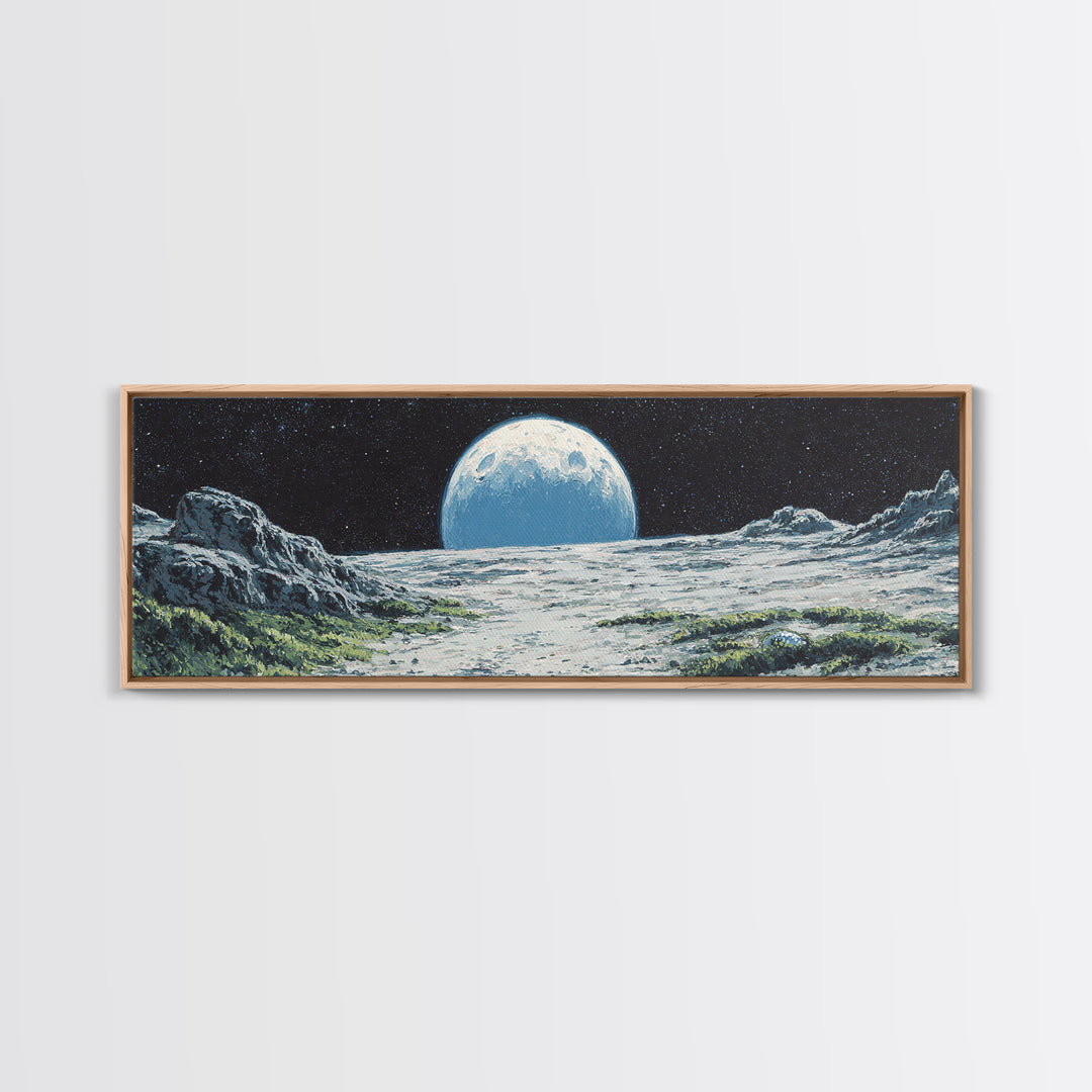 Moon Rising Over Alien Mountains Wall Art, Retro Sci Fi Landscape Poster, Midcentury Modern Decor, Scenic Space Art Print