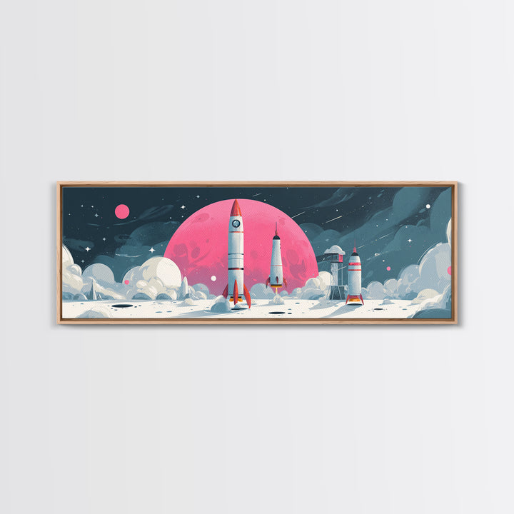 Pink Moon Rocket Base Wall Art, Retro Sci Fi Space Poster, Midcentury Modern Art Print, Lunar Nursery Decor, MCM Wall Decor