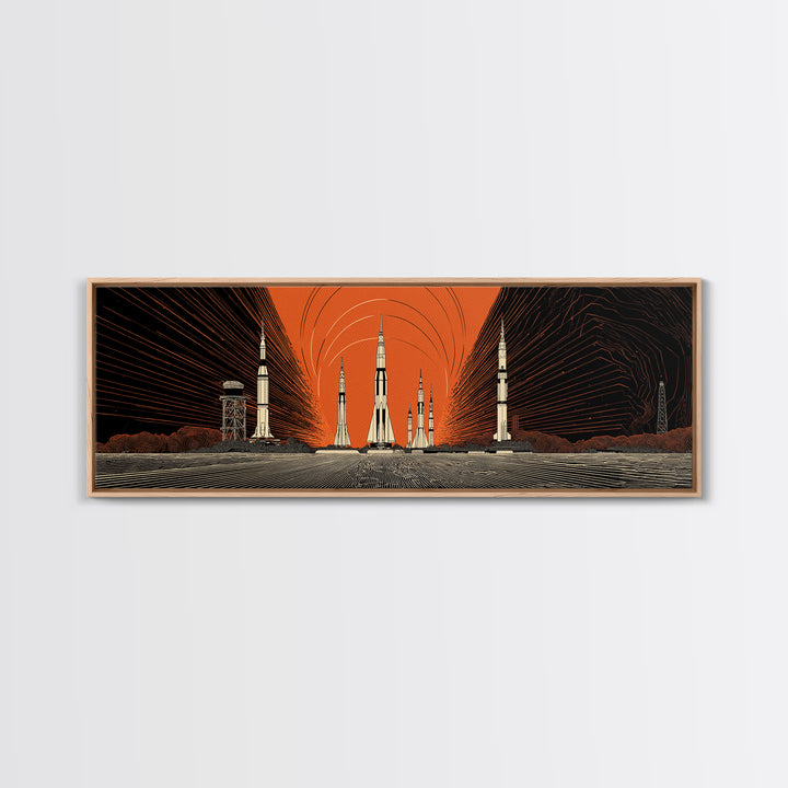 Orange Spaceport Rockets Framed Canvas Print, Midcentury Modern Wall Art, Retro Sci Fi Poster, Atomic MCM Wall Decor, Modern Home Decor