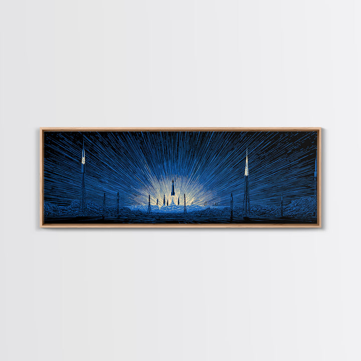 Blue Rocket Launch Wall Art, Radiant Sci Fi Space Poster, Midcentury Modern Art Print, Retro Futuristic Office Decor For Home