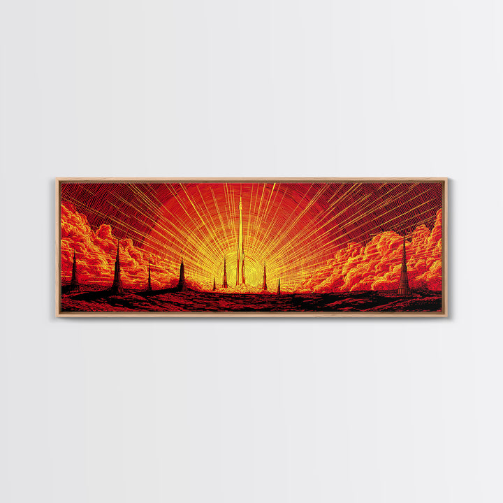 Fiery Rocket Silhouette Canvas Print, Orange Sunburst Space Poster, Midcentury Modern Wall Art, Retro Sci Fi MCM Home Decor