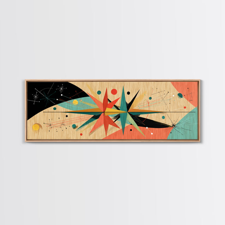 Retro Atomic Starburst On Wood Framed Canvas Print, Mid Century Modern Art, Boho Geometric Wall Decor For Office Or Den