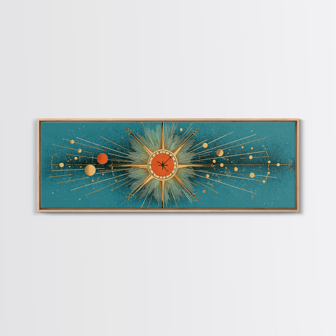 Teal Atomic Clock Sunburst Canvas Print, Mid Century Modern Wall Art, Retro Geometric Office Decor, Turquoise Mcm Print Gift