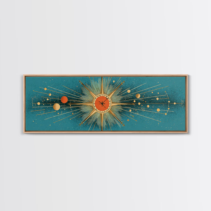 Teal Atomic Clock Sunburst Canvas Print, Mid Century Modern Wall Art, Retro Geometric Office Decor, Turquoise Mcm Print Gift