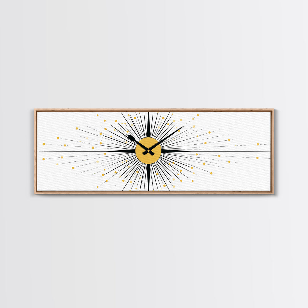 Minimal Gold Clock Starburst Wall Art, Mid Century Modern Abstract Print, Geometric Bauhaus Decor For Office, Entry, Or Den